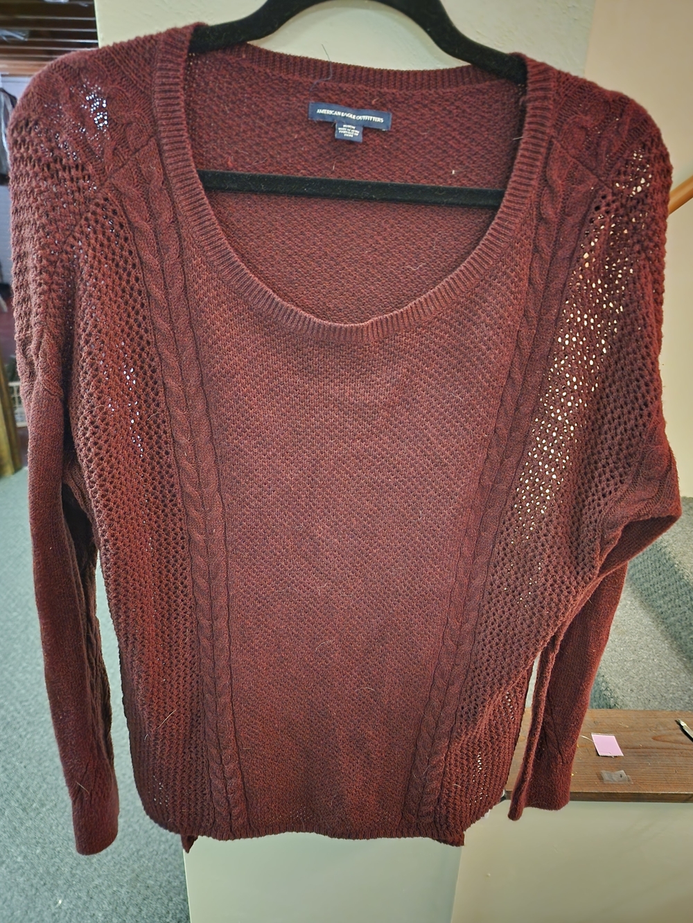 American Eagle Outfitters Sz M Women's Deep Maroon Cable & Open-Stitch  Sweater
